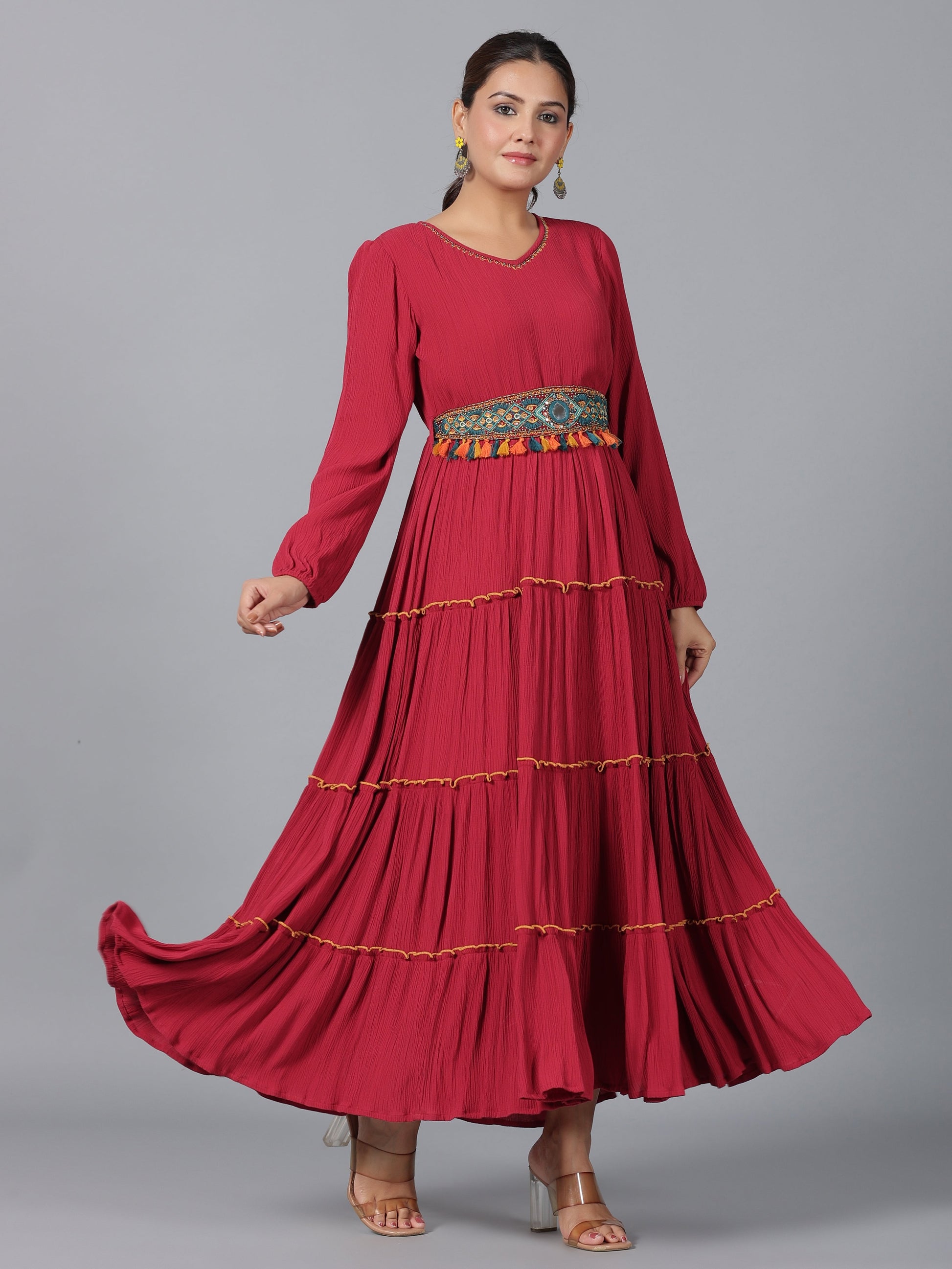 Juniper Women Maroon Rayon Crepe Tiered Maxi Dress