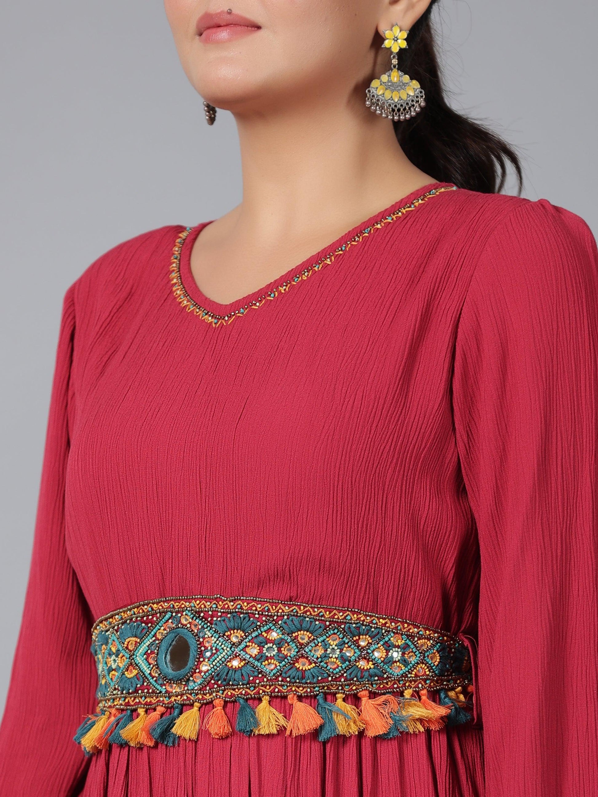 Juniper Women Maroon Rayon Crepe Tiered Maxi Dress