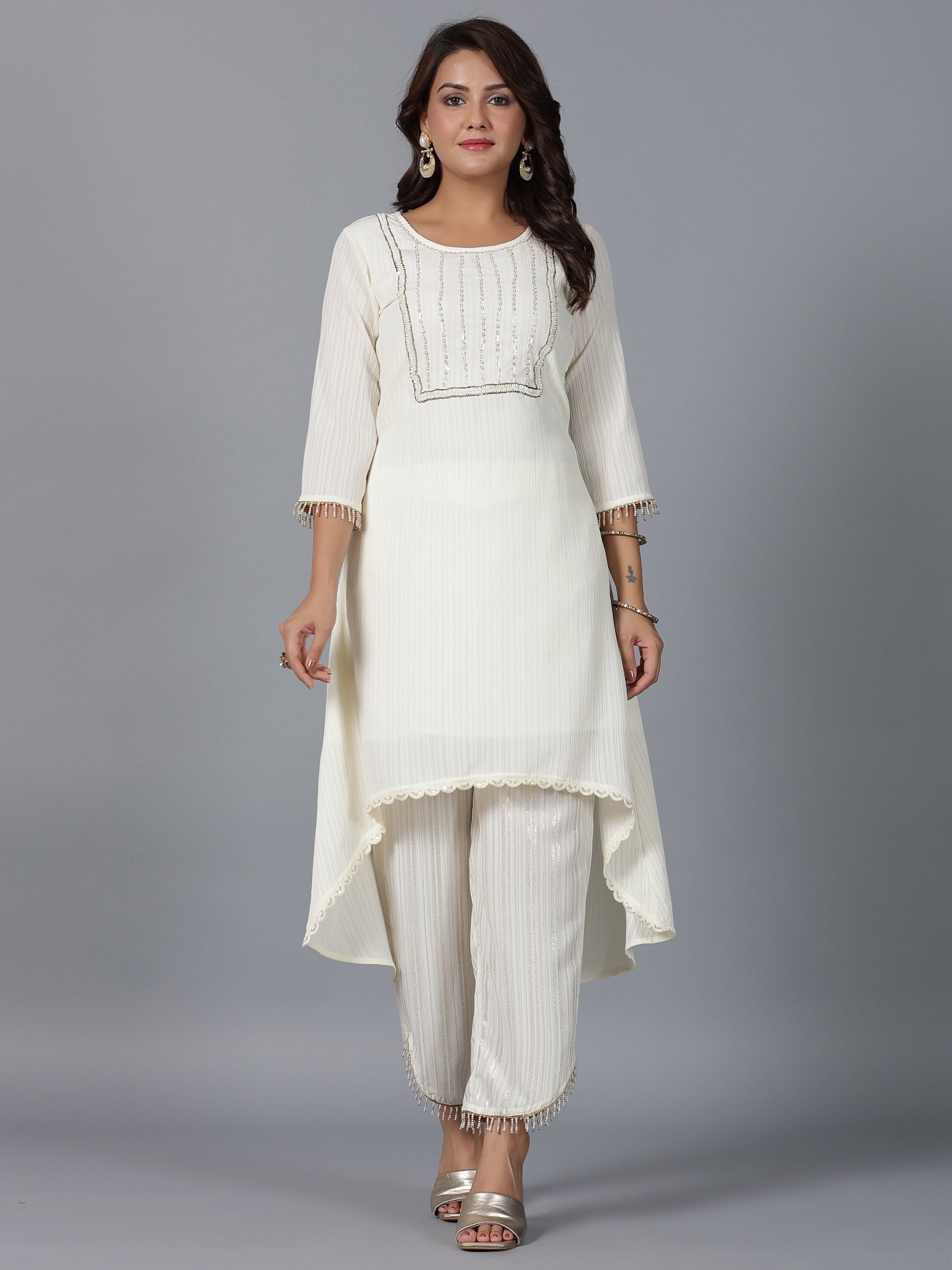 Juniper Women Ivory Magnus Embellished High-Low Kurta and Pants Set