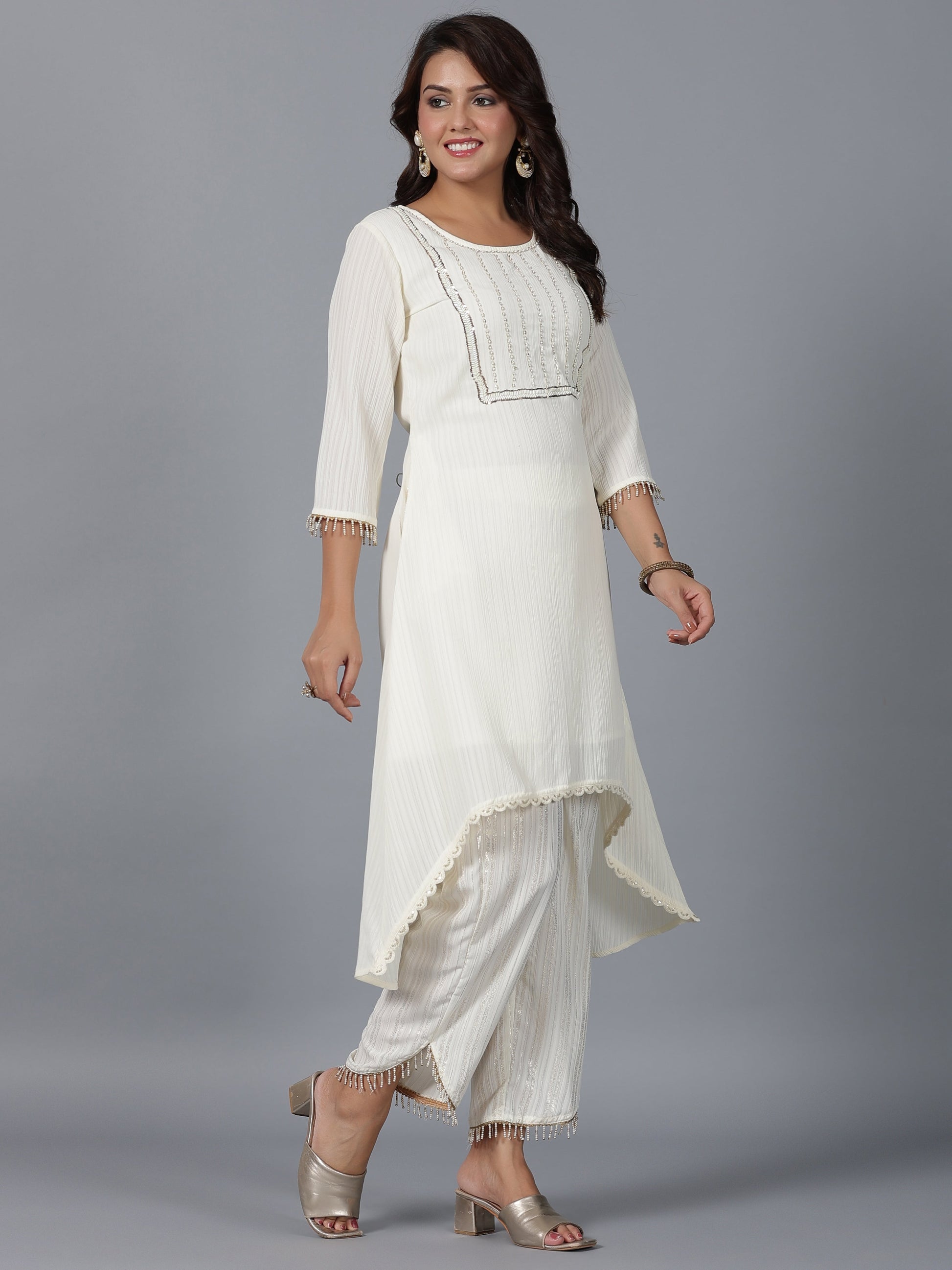 Juniper Women Ivory Magnus Embellished High-Low Kurta and Pants Set