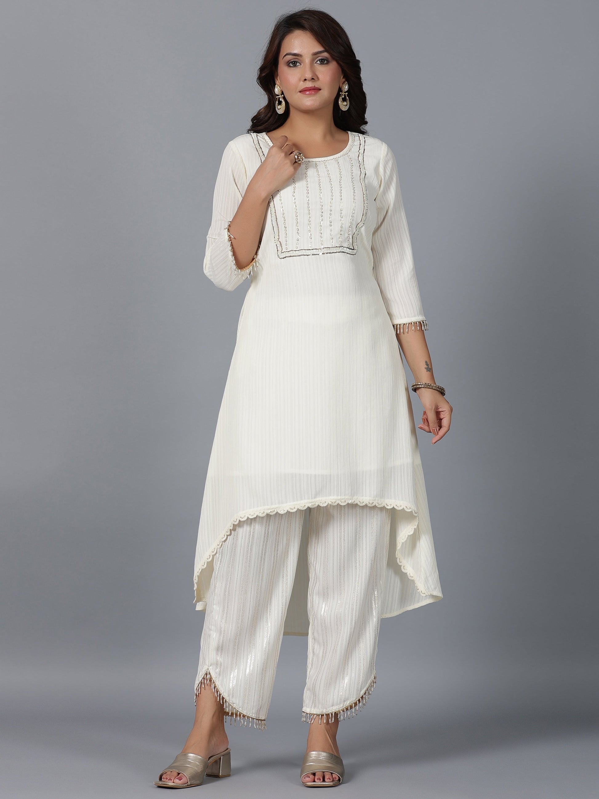 Juniper Women Ivory Magnus Embellished High-Low Kurta and Pants Set