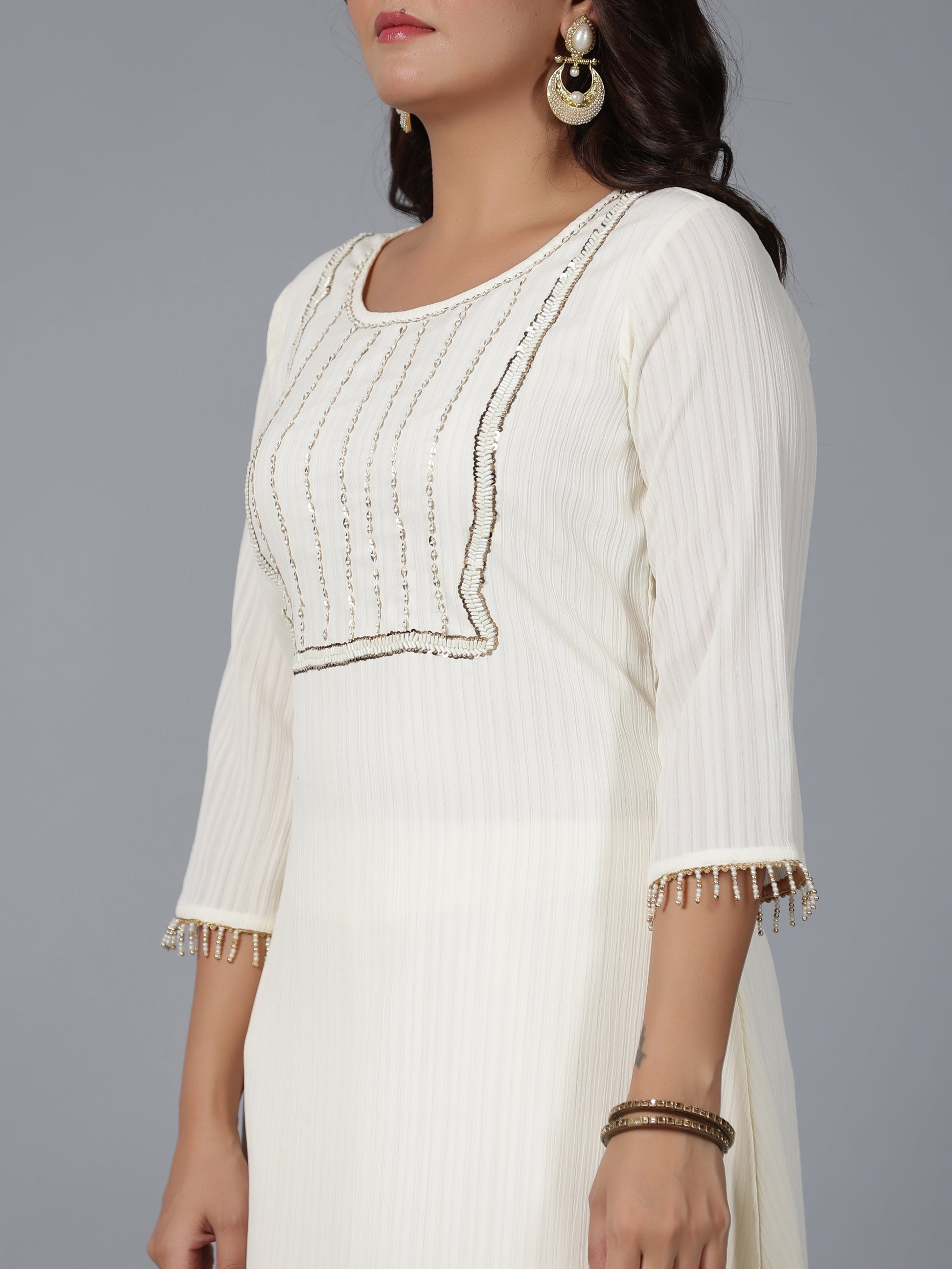 Juniper Women Ivory Magnus Embellished High-Low Kurta and Pants Set