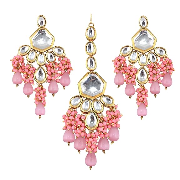 Tehzeeb Creations Gold-Polished Pink Color Kundan Stone/Uncut Kundan/Dibbi Kundan/Meena Kundan/Lucknow Kundan with Monalisa Drop Bridal Set for Girls & Women Tehzeeb Creations