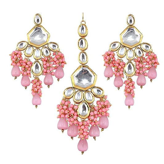 Tehzeeb Creations Gold-Polished Pink Color Kundan Stone/Uncut Kundan/Dibbi Kundan/Meena Kundan/Lucknow Kundan with Monalisa Drop Bridal Set for Girls & Women Tehzeeb Creations