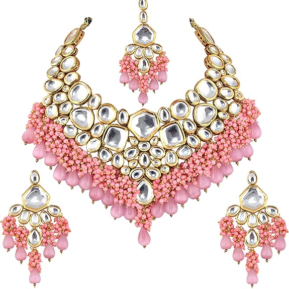 Tehzeeb Creations Gold-Polished Pink Color Kundan Stone/Uncut Kundan/Dibbi Kundan/Meena Kundan/Lucknow Kundan with Monalisa Drop Bridal Set for Girls & Women Tehzeeb Creations