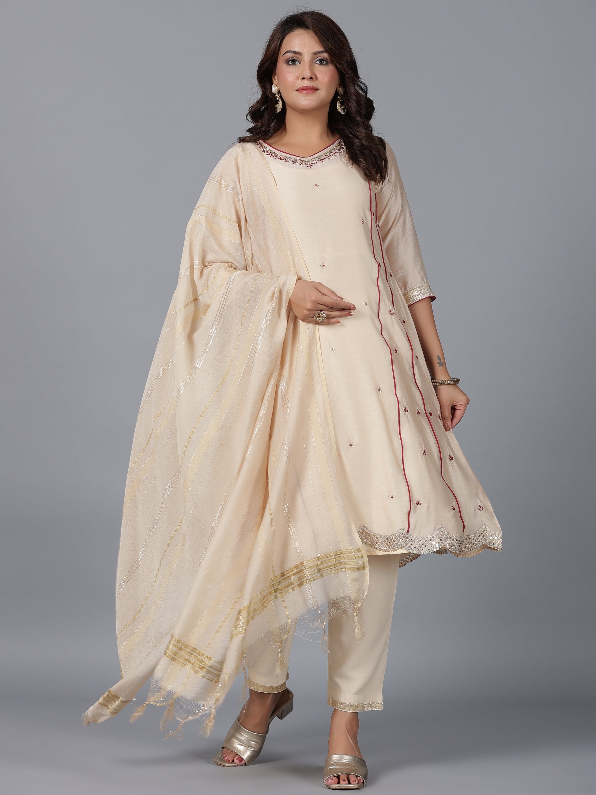 Juniper Women Beige Chanderi Embroidered Kurta, Pants & Dupatta Set