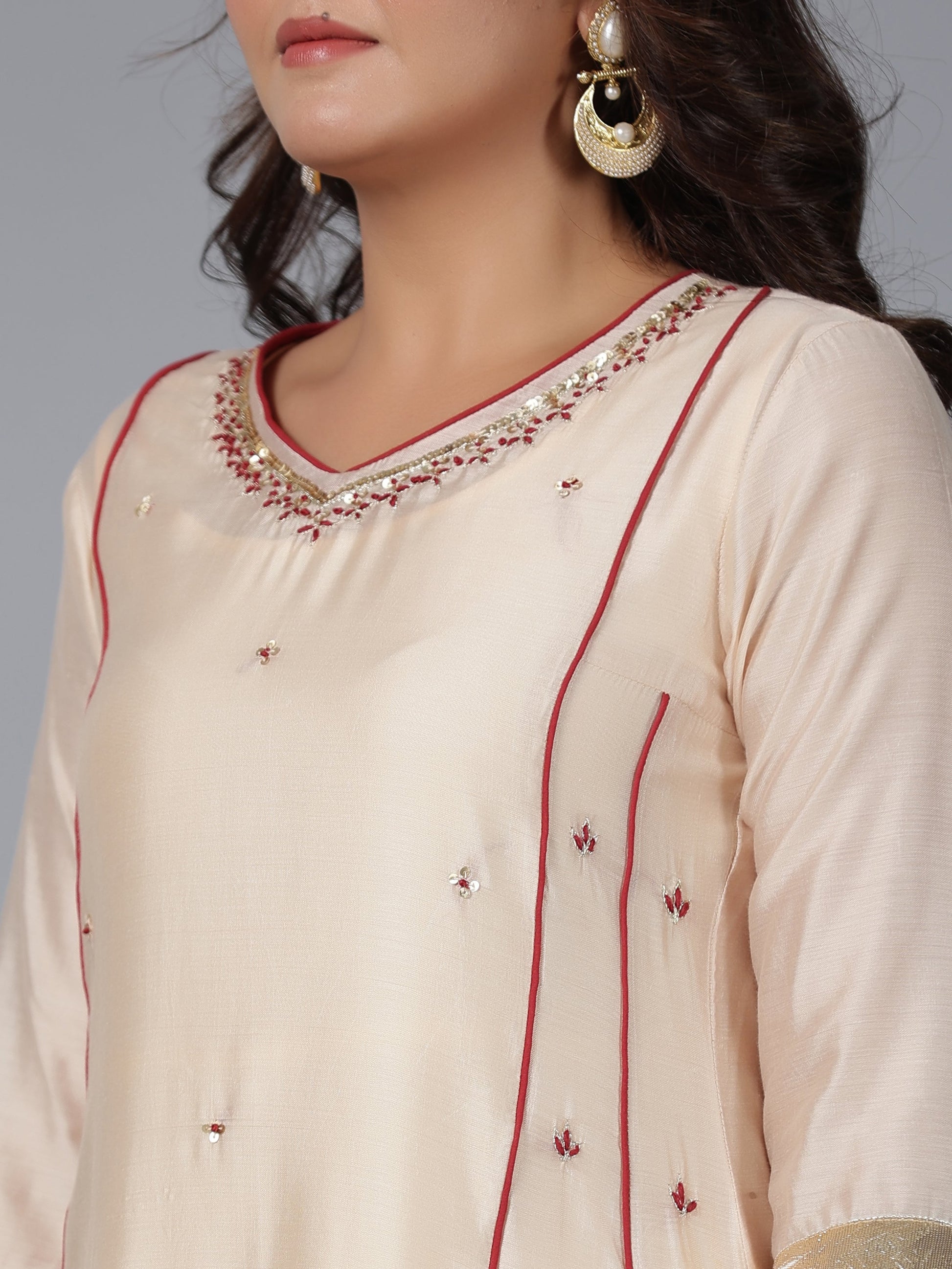 Juniper Women Beige Chanderi Embroidered Kurta, Pants & Dupatta Set