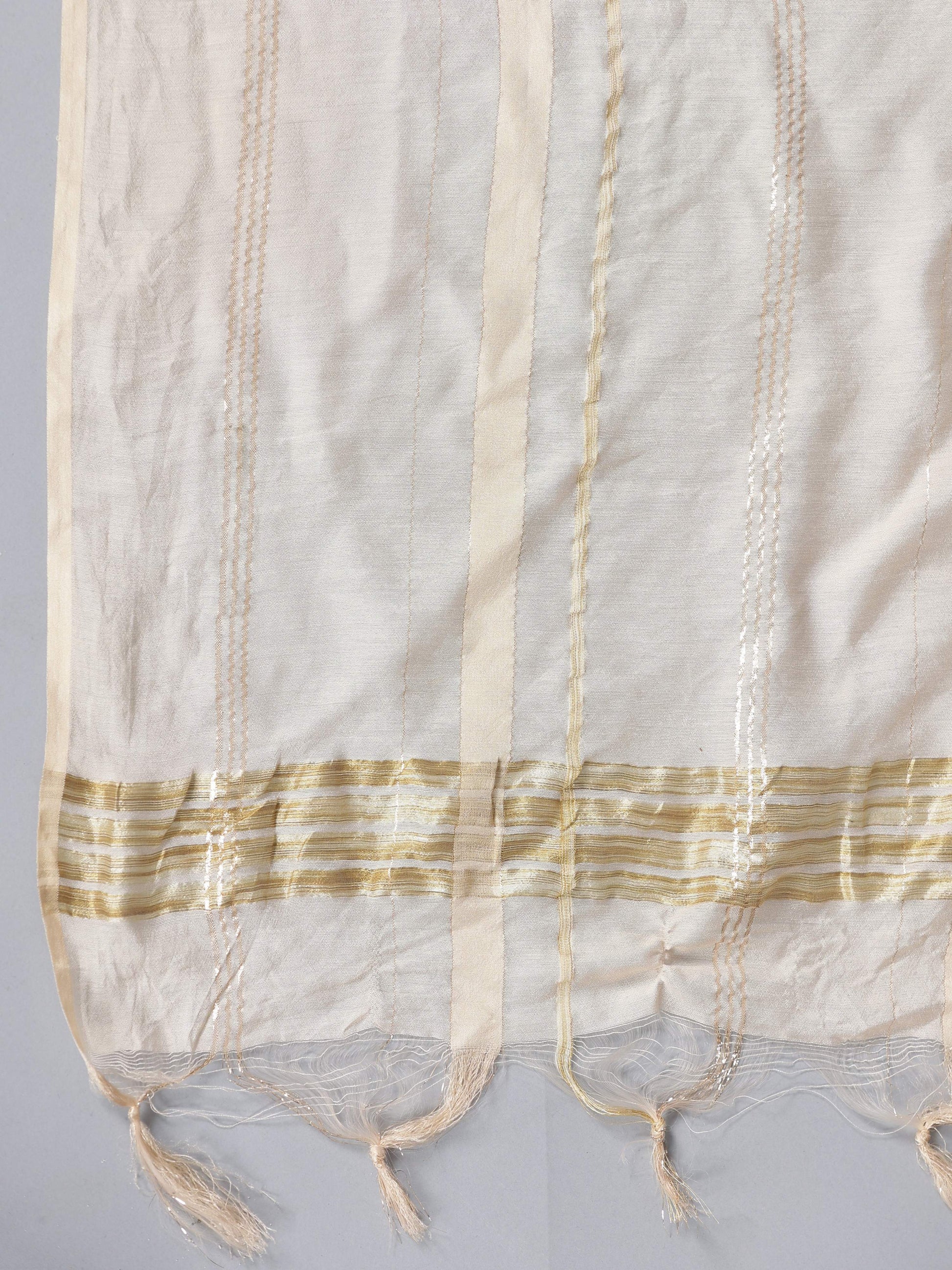 Juniper Women Beige Chanderi Embroidered Kurta, Pants & Dupatta Set