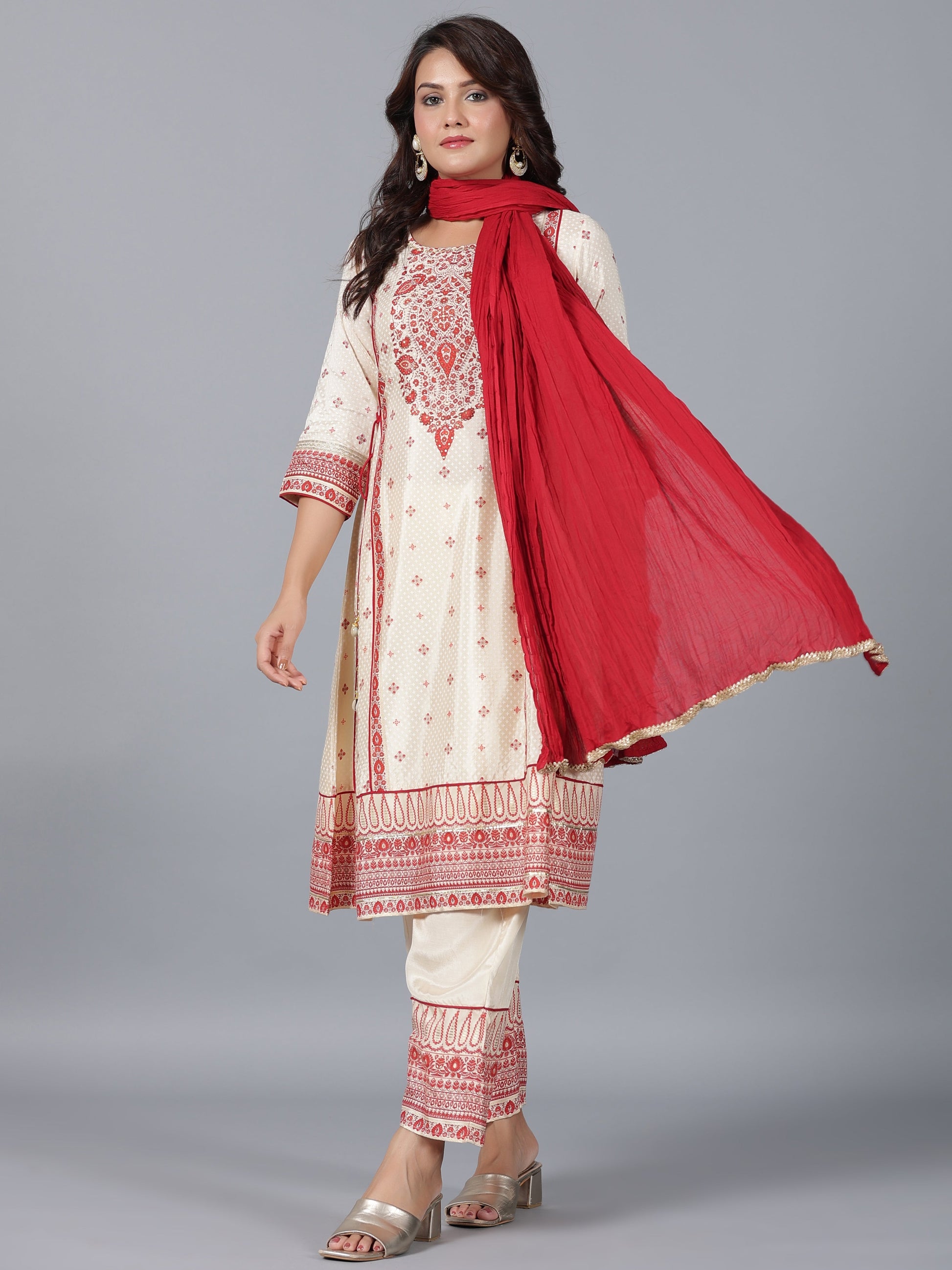 Juniper Women Beige Viscose Shantoon Printed Kurta, Pants & Dupatta Set
