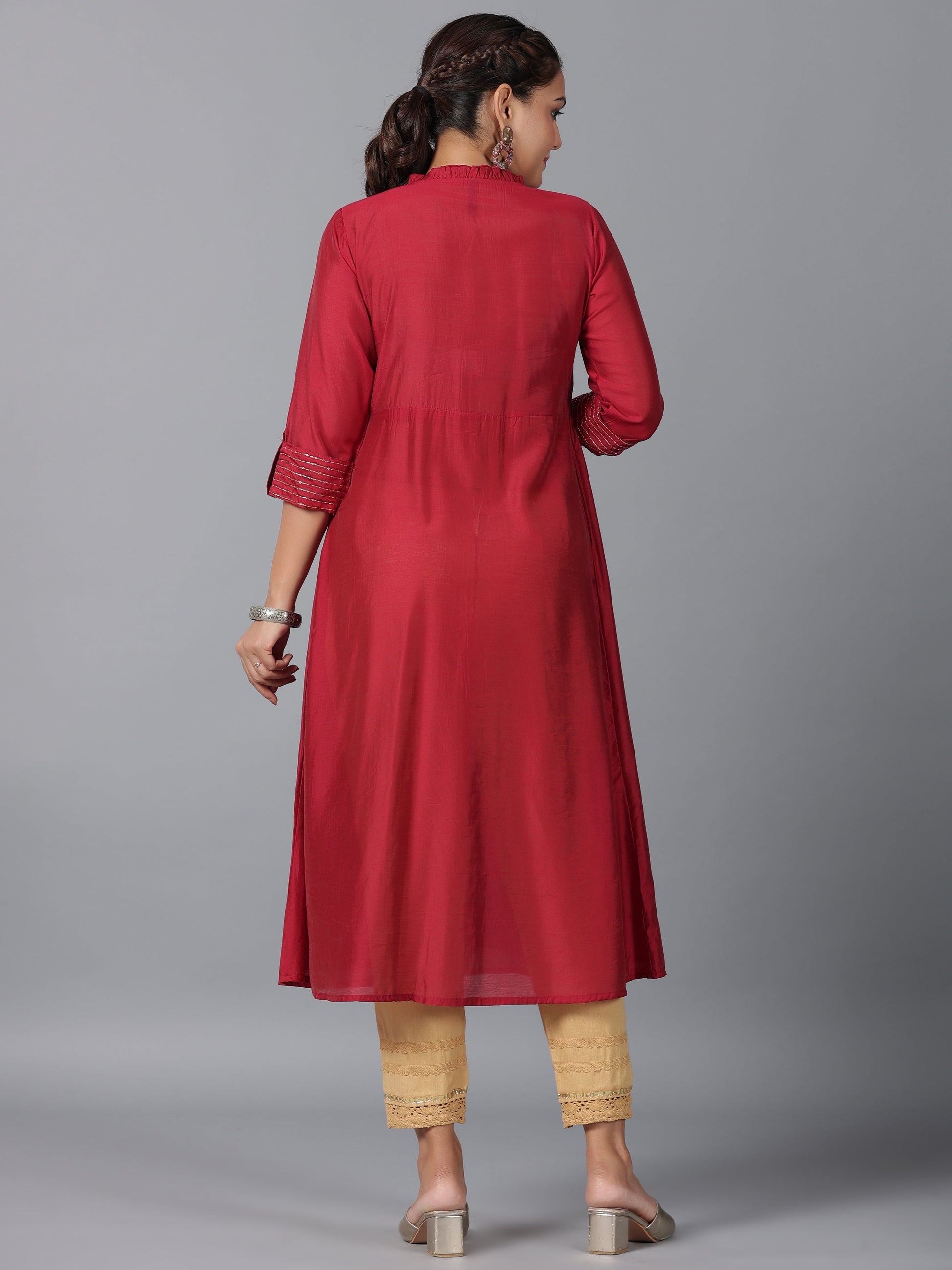 Juniper Women Maroon Chanderi Embroidered Jacket Style Kurta Dress