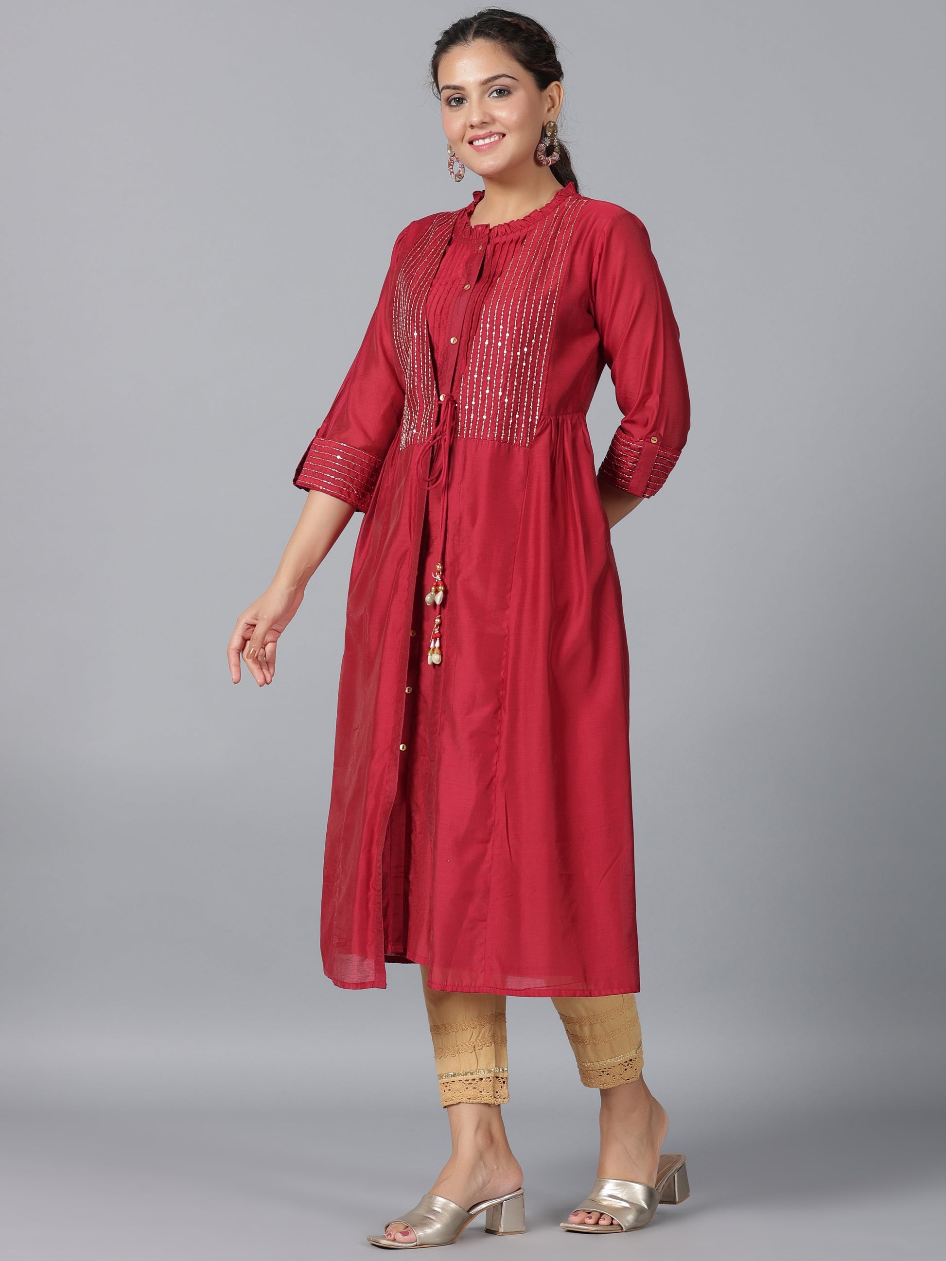 Juniper Women Maroon Chanderi Embroidered Jacket Style Kurta Dress