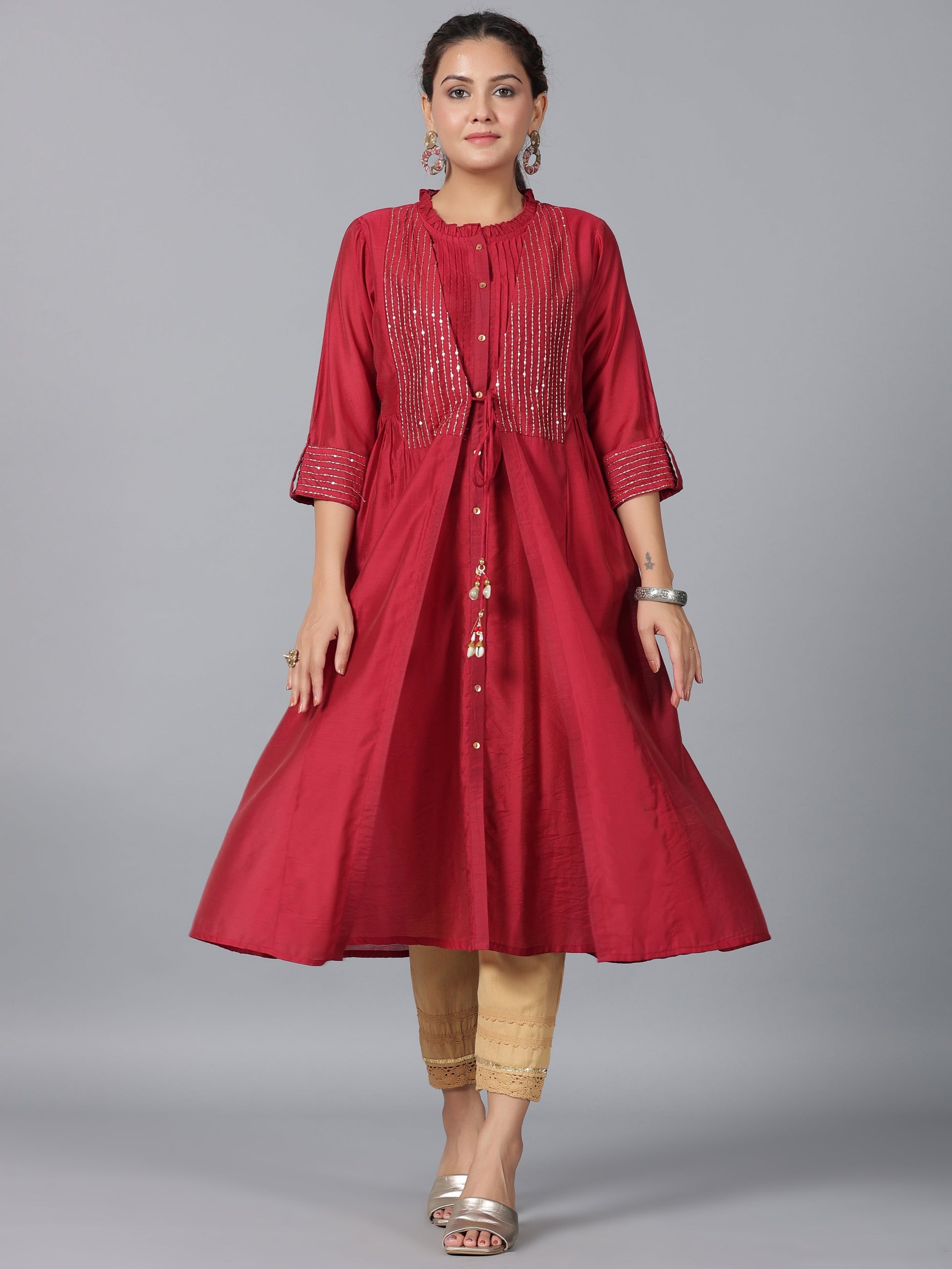 Juniper Women Maroon Chanderi Embroidered Jacket Style Kurta Dress