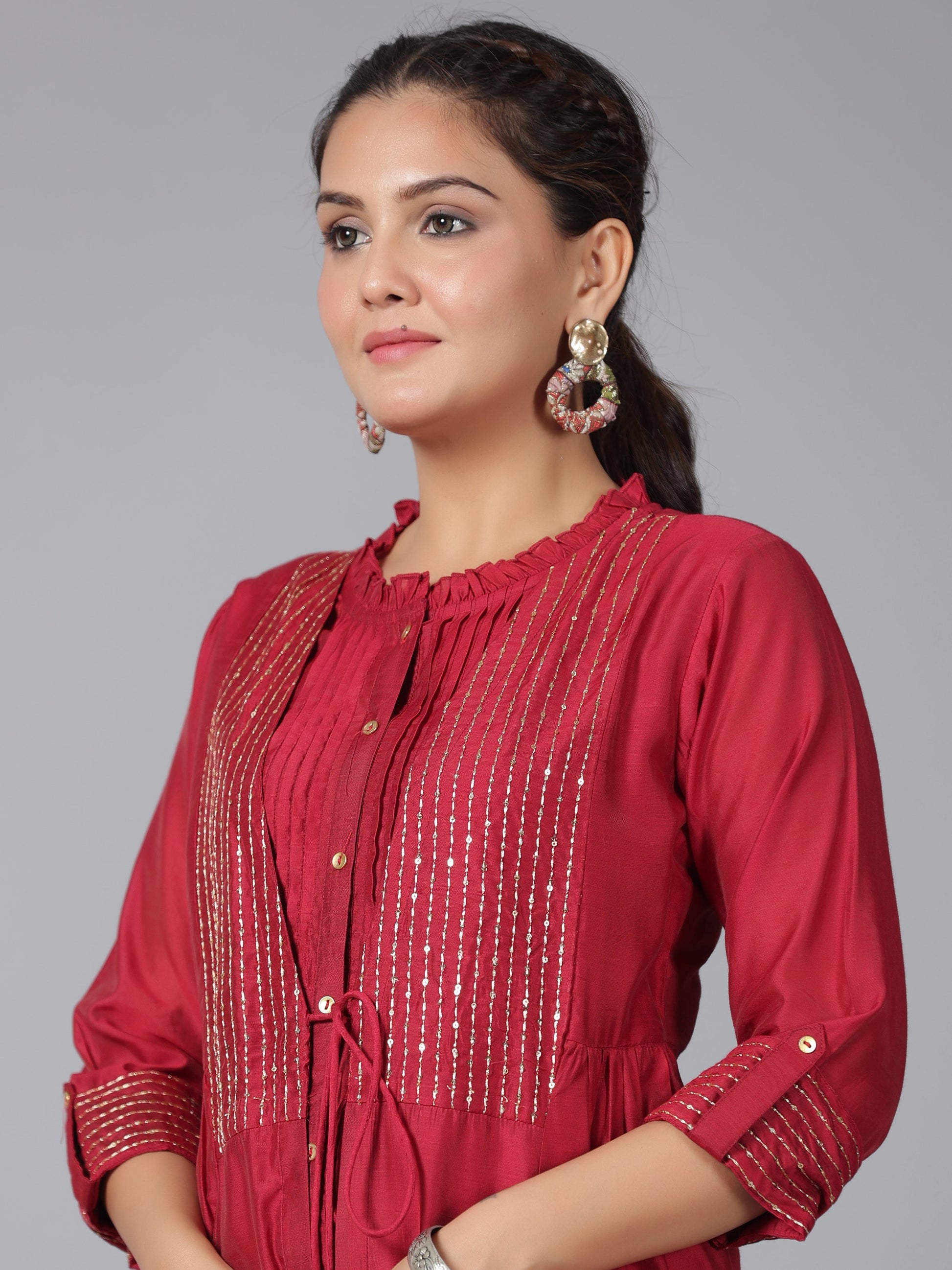 Juniper Women Maroon Chanderi Embroidered Jacket Style Kurta Dress