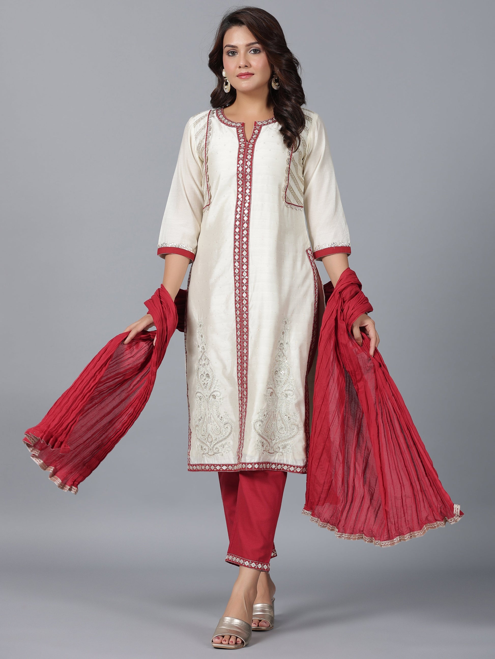 Juniper Women Ivory Chanderi Embroidered Kurta, Pants & Dupatta Set