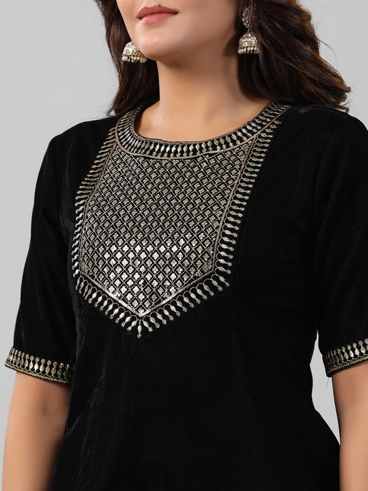 Juniper Women Black Velvet Embroidered Clothing Set