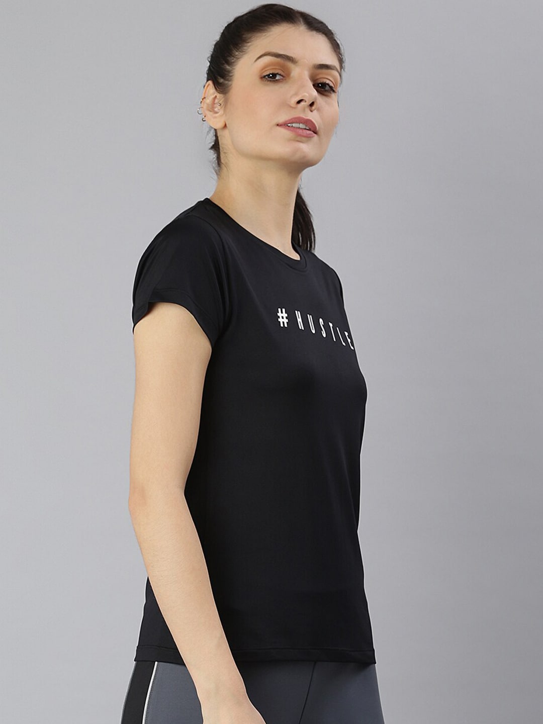 MKH Women Black Typography Printed Dri-FIT Sports T-shirt 