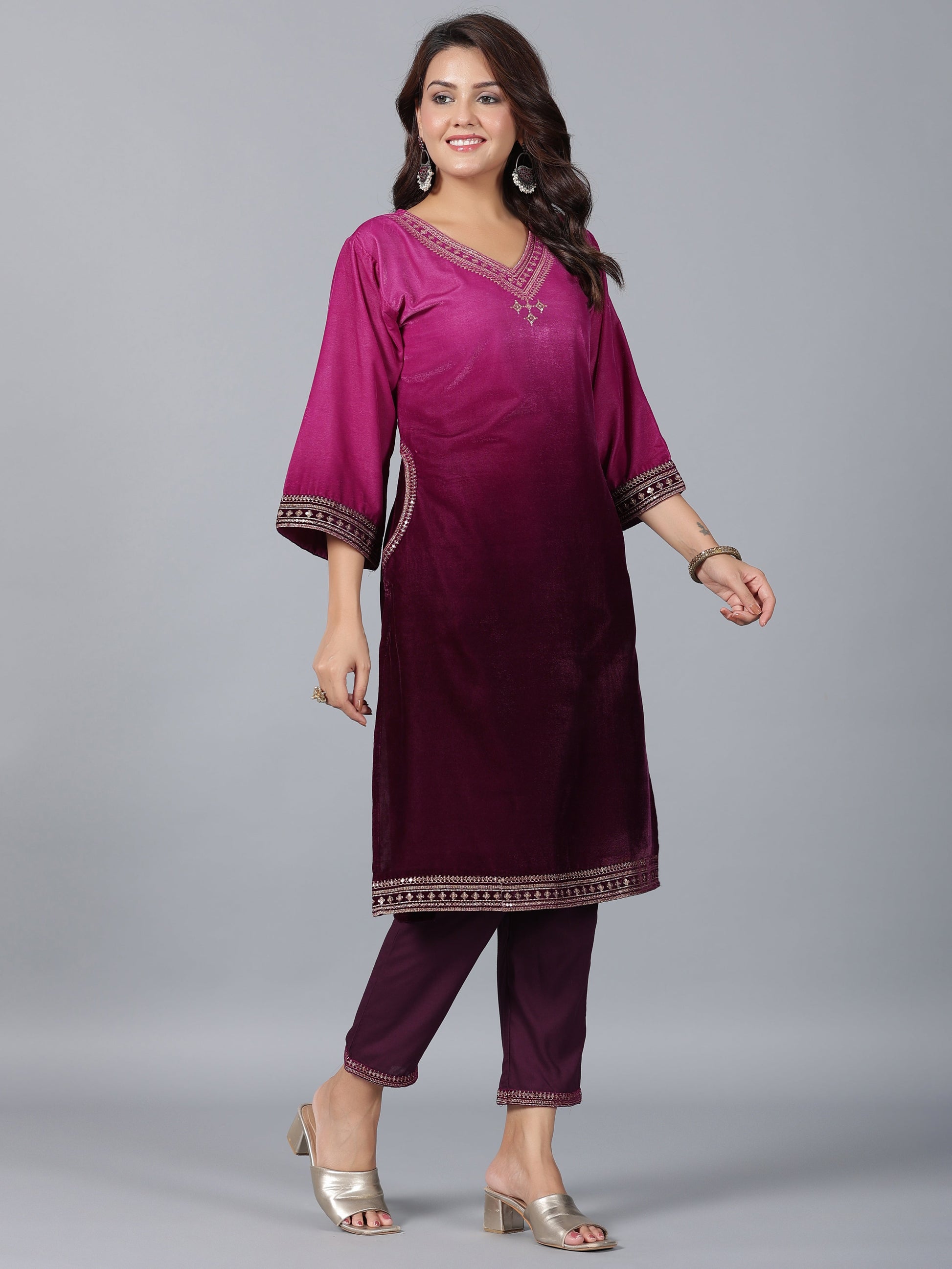 Juniper Women Purple Velvet Embroidered Kurta & Pants Set