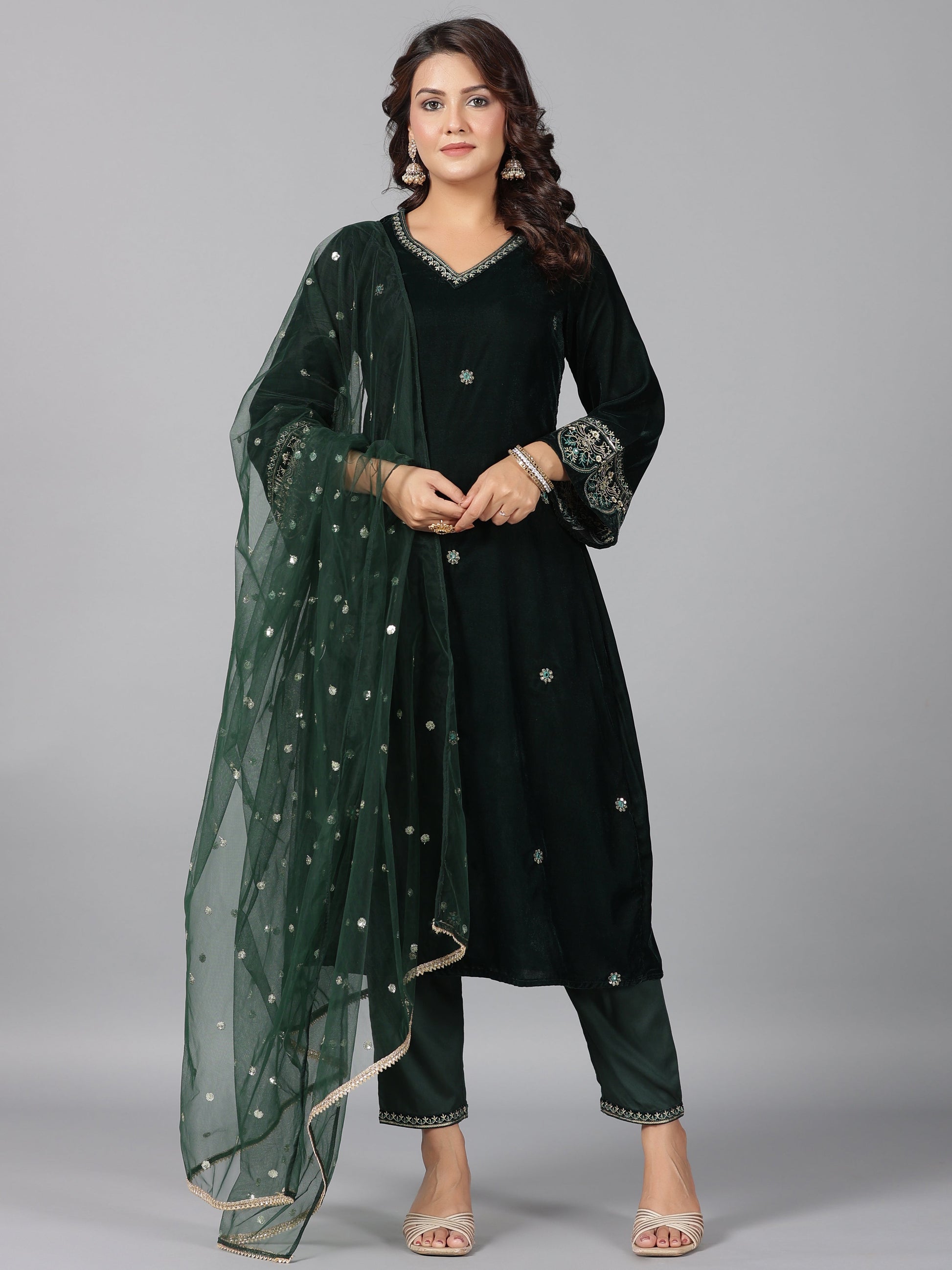 Juniper Women Bottlegreen Velvet Embroidered Kurta, Pants & Dupatta Set