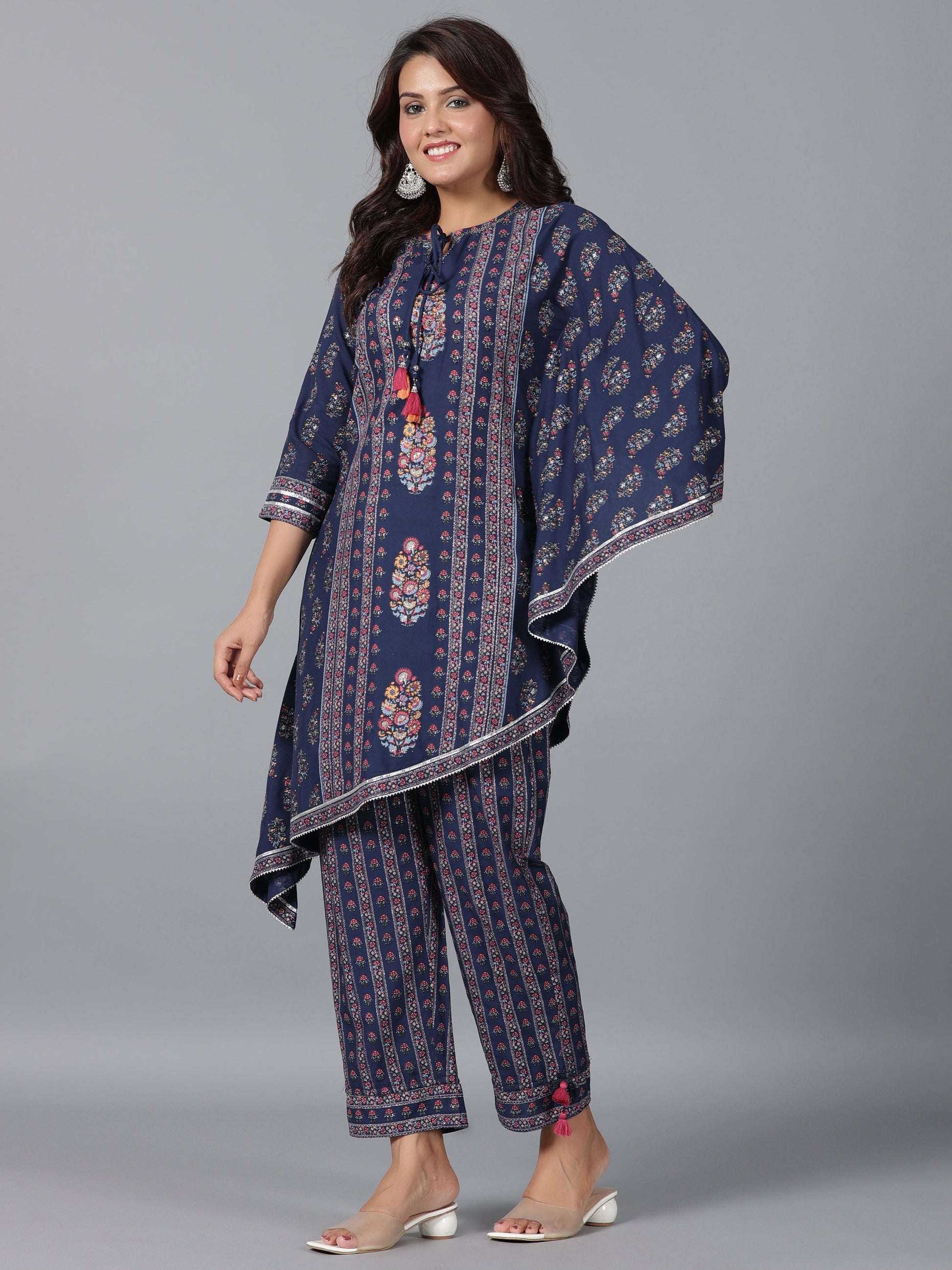 Juniper Women Navy Blue Rayon Printed Kurta Pant Set