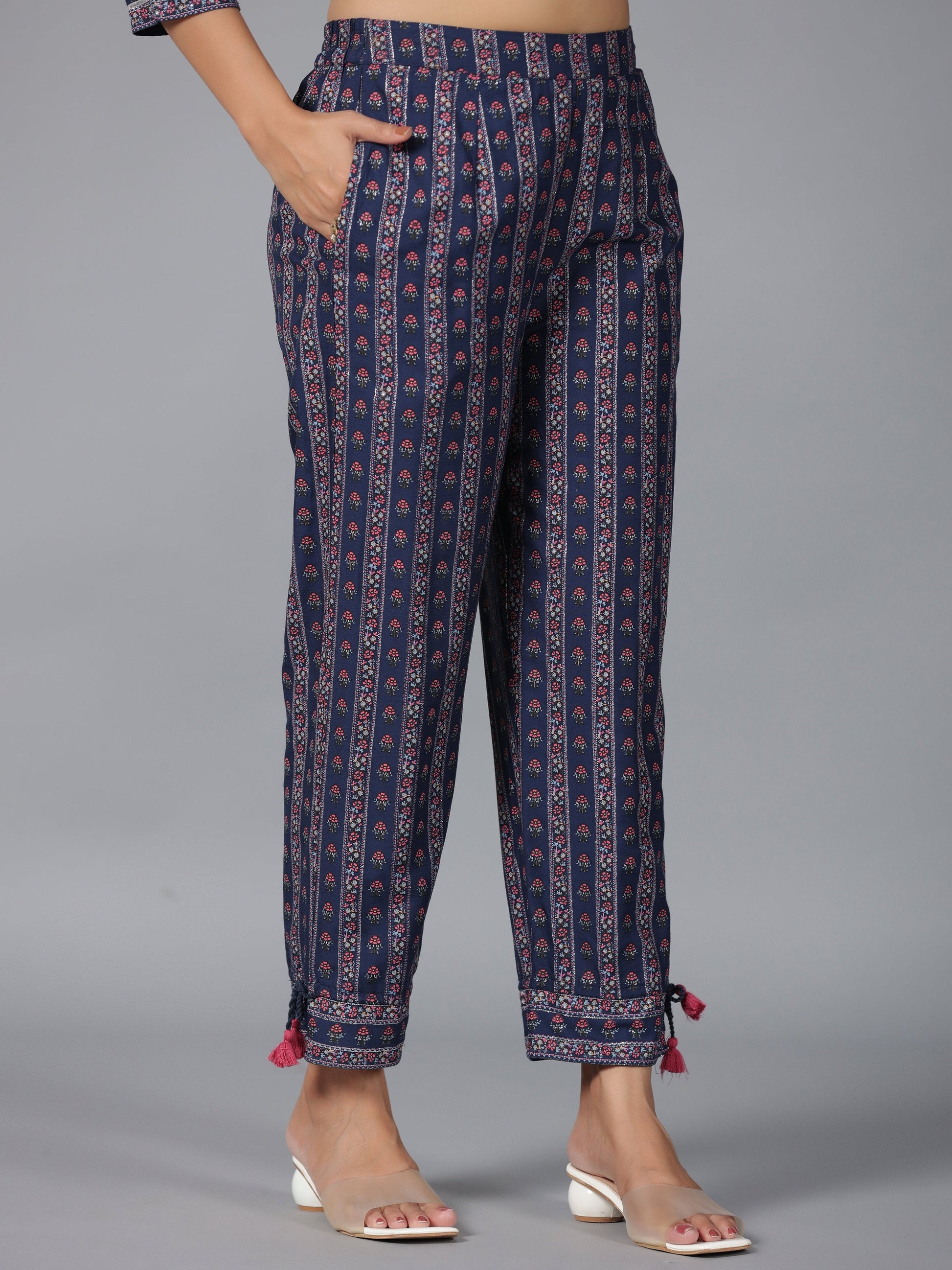 Juniper Women Navy Blue Rayon Printed Kurta Pant Set