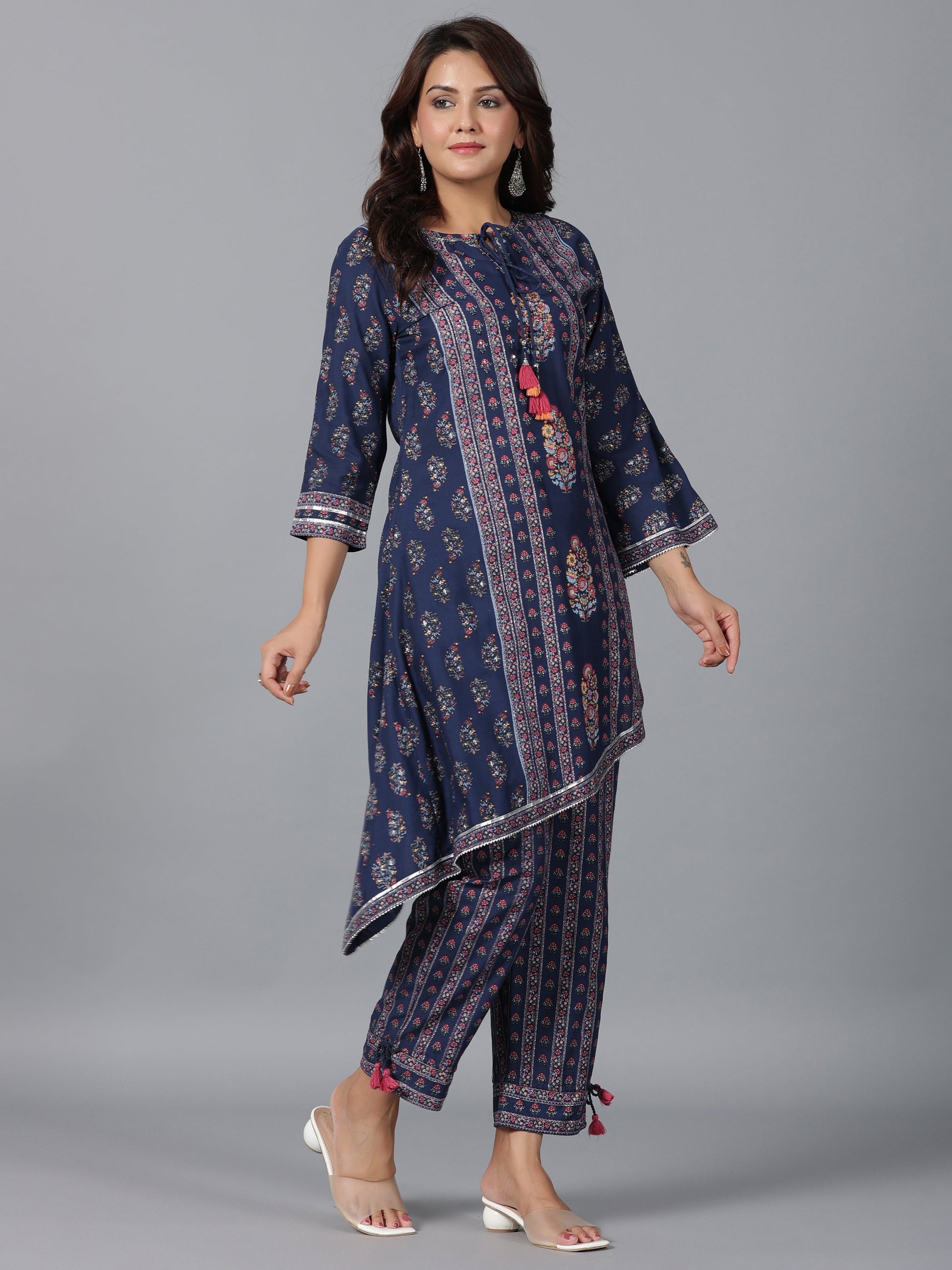 Juniper Women Navy Blue Rayon Printed Kurta Pant Set