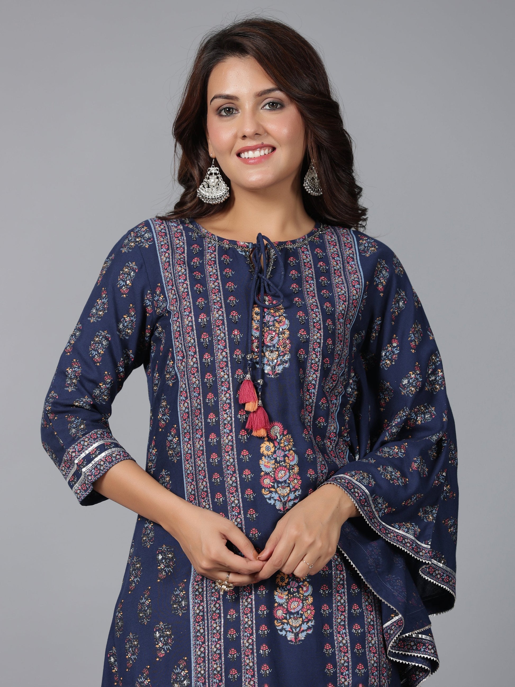 Juniper Women Navy Blue Rayon Printed Kurta Pant Set