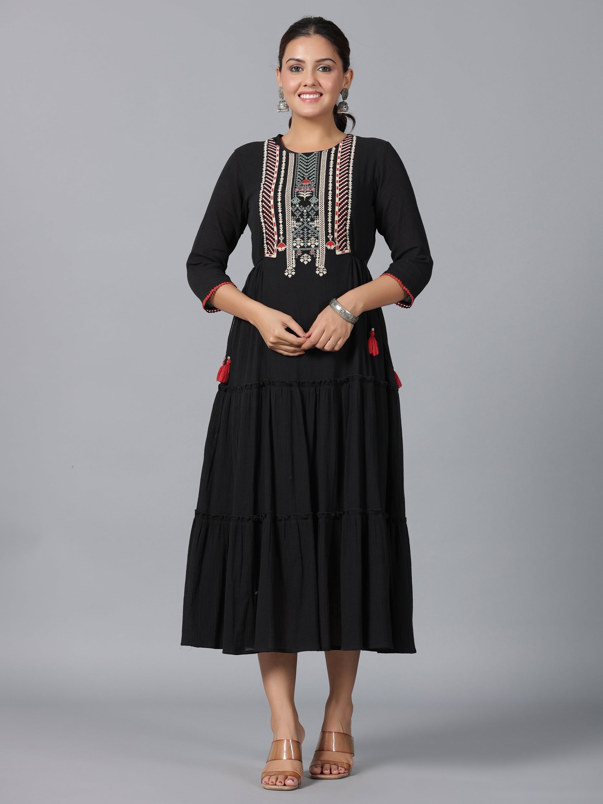 Juniper Women Black Cotton Crepe Embroidered Tiered Maxi Dress