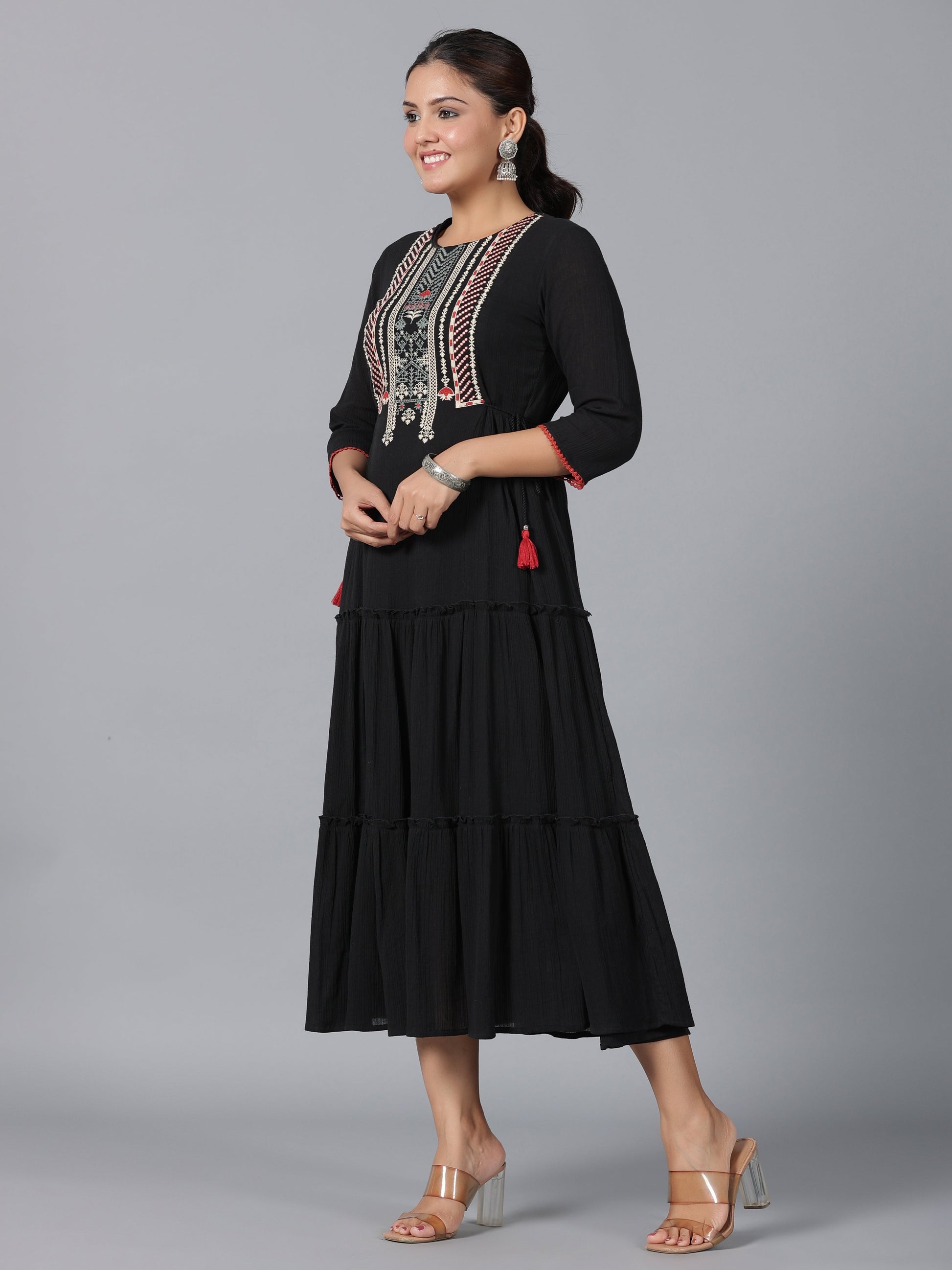 Juniper Women Black Cotton Crepe Embroidered Tiered Maxi Dress