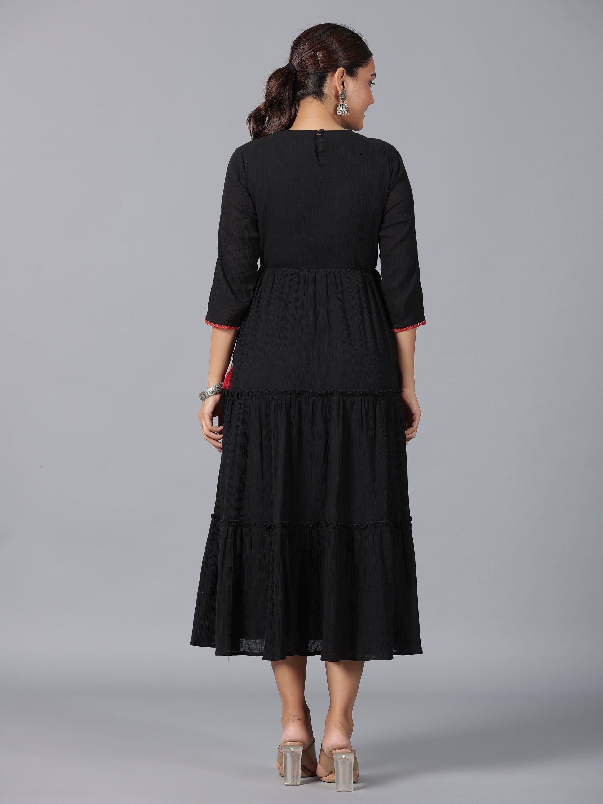 Juniper Women Black Cotton Crepe Embroidered Tiered Maxi Dress
