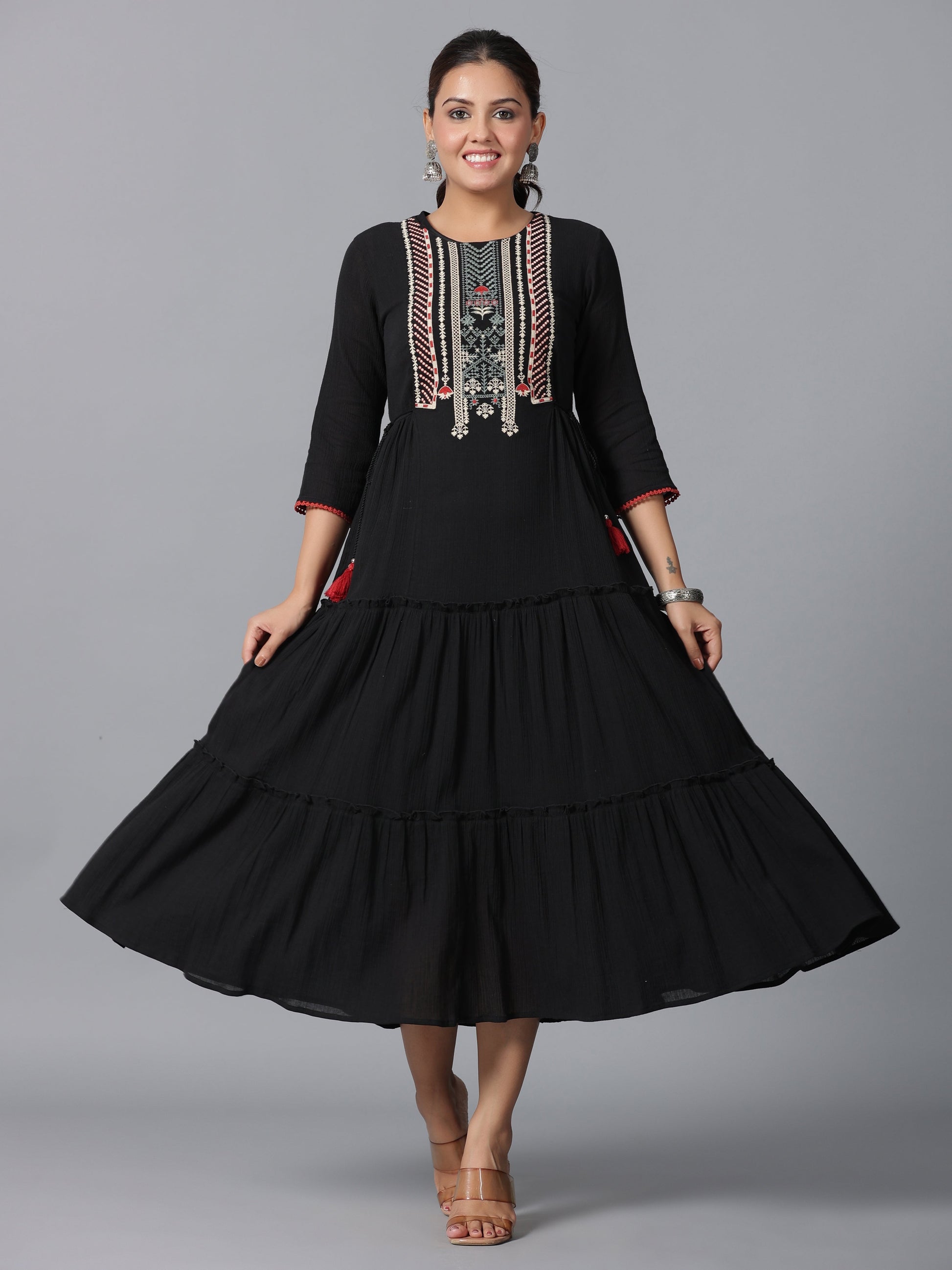 Juniper Women Black Cotton Crepe Embroidered Tiered Maxi Dress