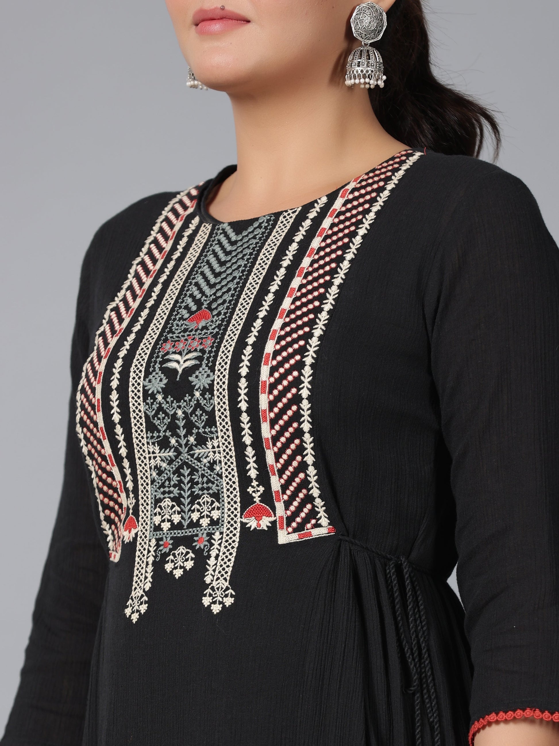 Juniper Women Black Cotton Crepe Embroidered Tiered Maxi Dress