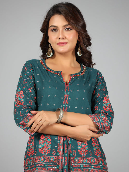 Juniper Women Green Rayon Printed Kurta & Pants Set