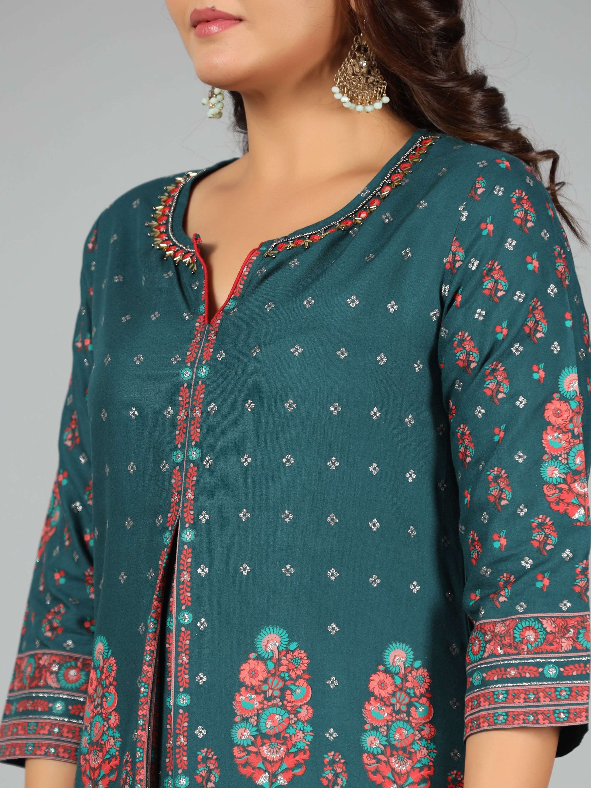 Juniper Women Green Rayon Printed Kurta & Pants Set