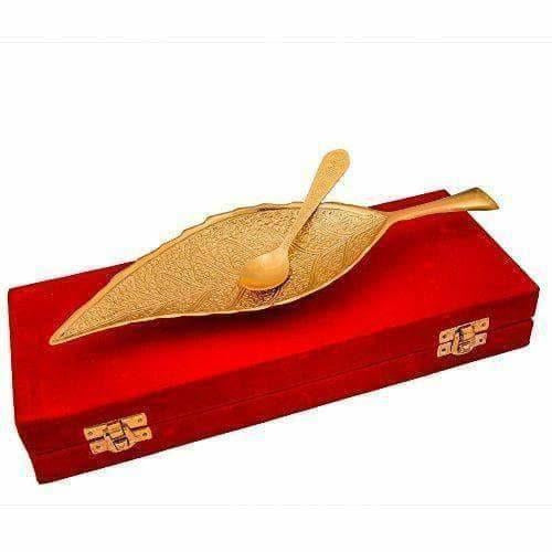 Brass Decorative Gold Plated Leaf Platter with Spoon - Grab2buy