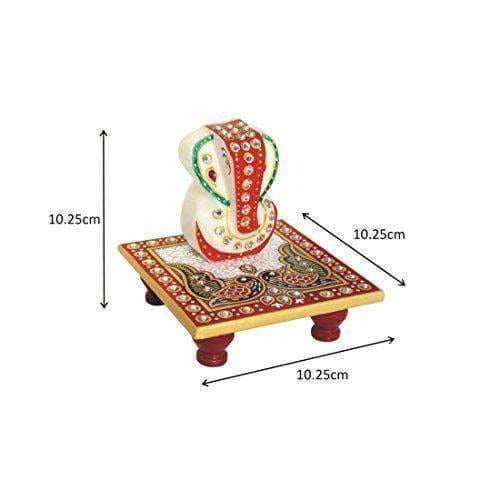 Marble Enamel Painted Ganesha Placed on Chowki (10.2 cm x 10.2 cm x 10.2 cm) - Grab2buy