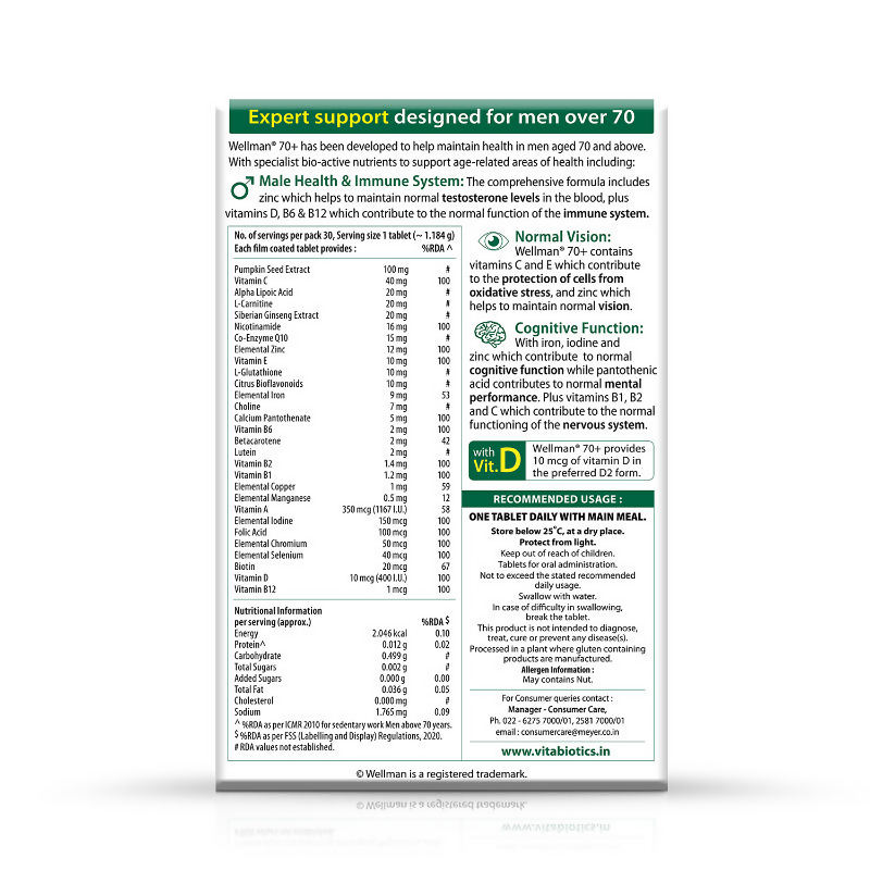 Wellman 70+ UK's No.1 Multivitamin Tablets) For Men Above 70 (Pumpkin Seed Bioflavonoids, Ginseng & More 