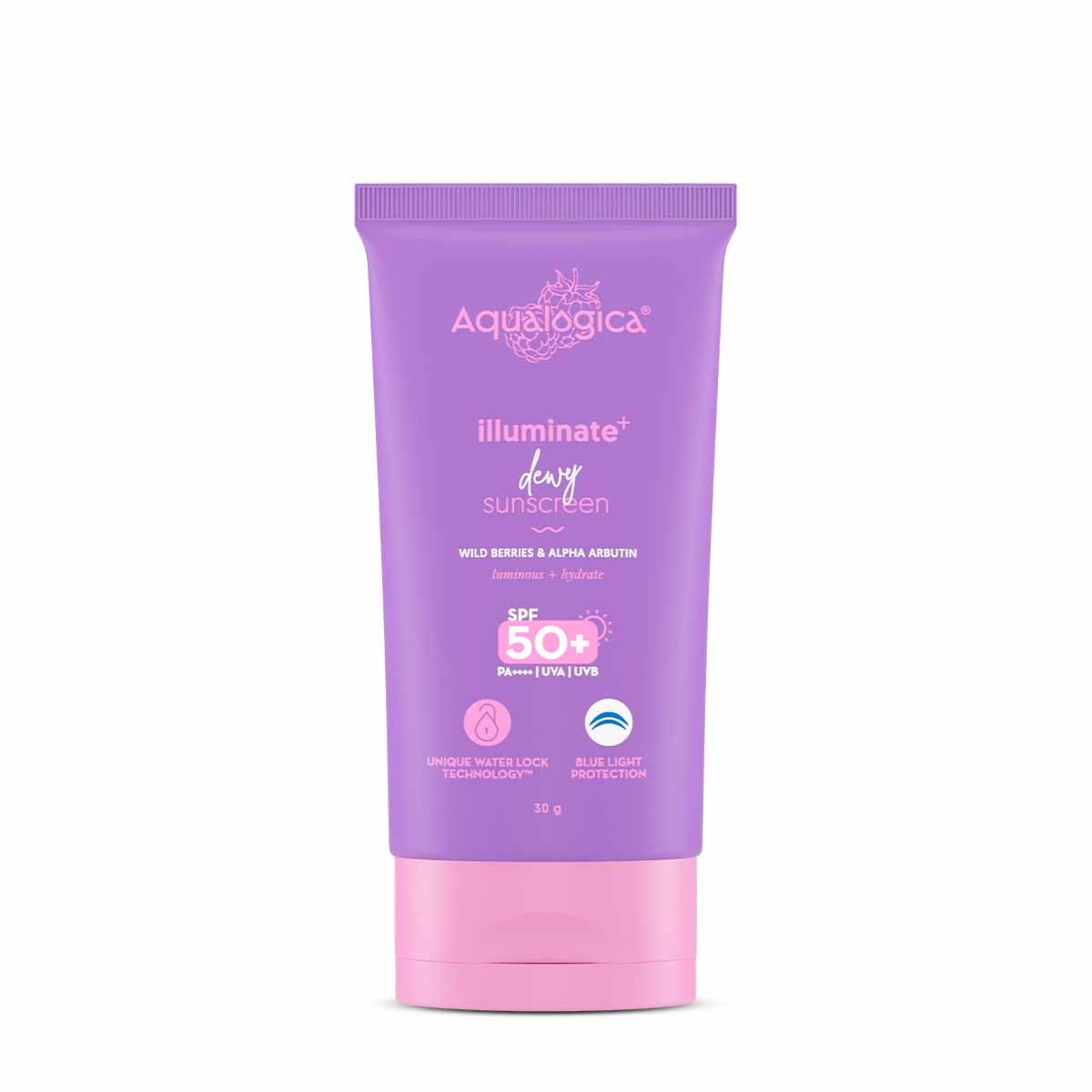 Aqualogica Illuminate+ Dewy Sunscreen SPF 50+ PA++++ with Wild Berries & Alpha Arbutin, Protection Against Uva/B & Blue Light Protection 