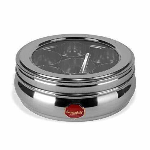 Stainless Steel Belly Shape Spice Box with See Through Lid with 7 Containers and Small Spoon - Grab2buy