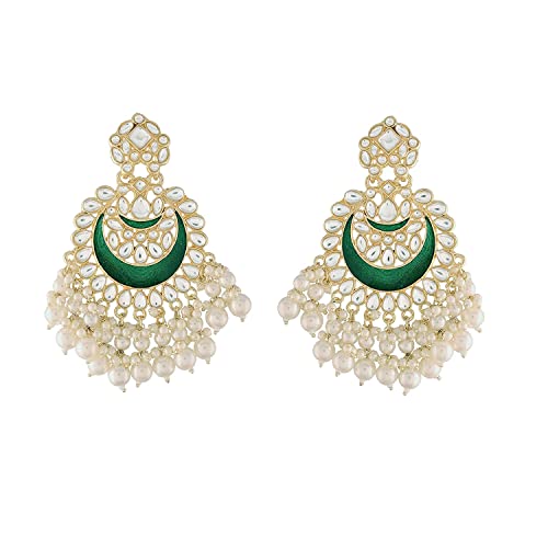 Womens Gold-Polished Intricately Designed Traditional Meenakari Chandbali Earrings Glided With Kundans & Pearls - Wahe Jewels