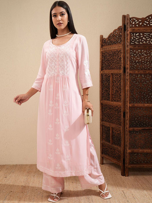 Vishudh Ethnic Motifs Embroidered Thread Work Straight Kurta With Palazzos | Grab2Buy