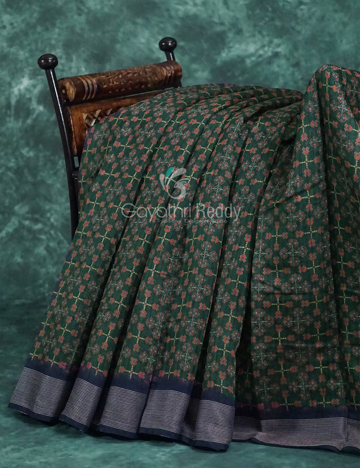 Dark Green and Navy Blue Geometrical Print Semi Chanderi Grab2Buy By Gayathri Reddy Designer Studio 