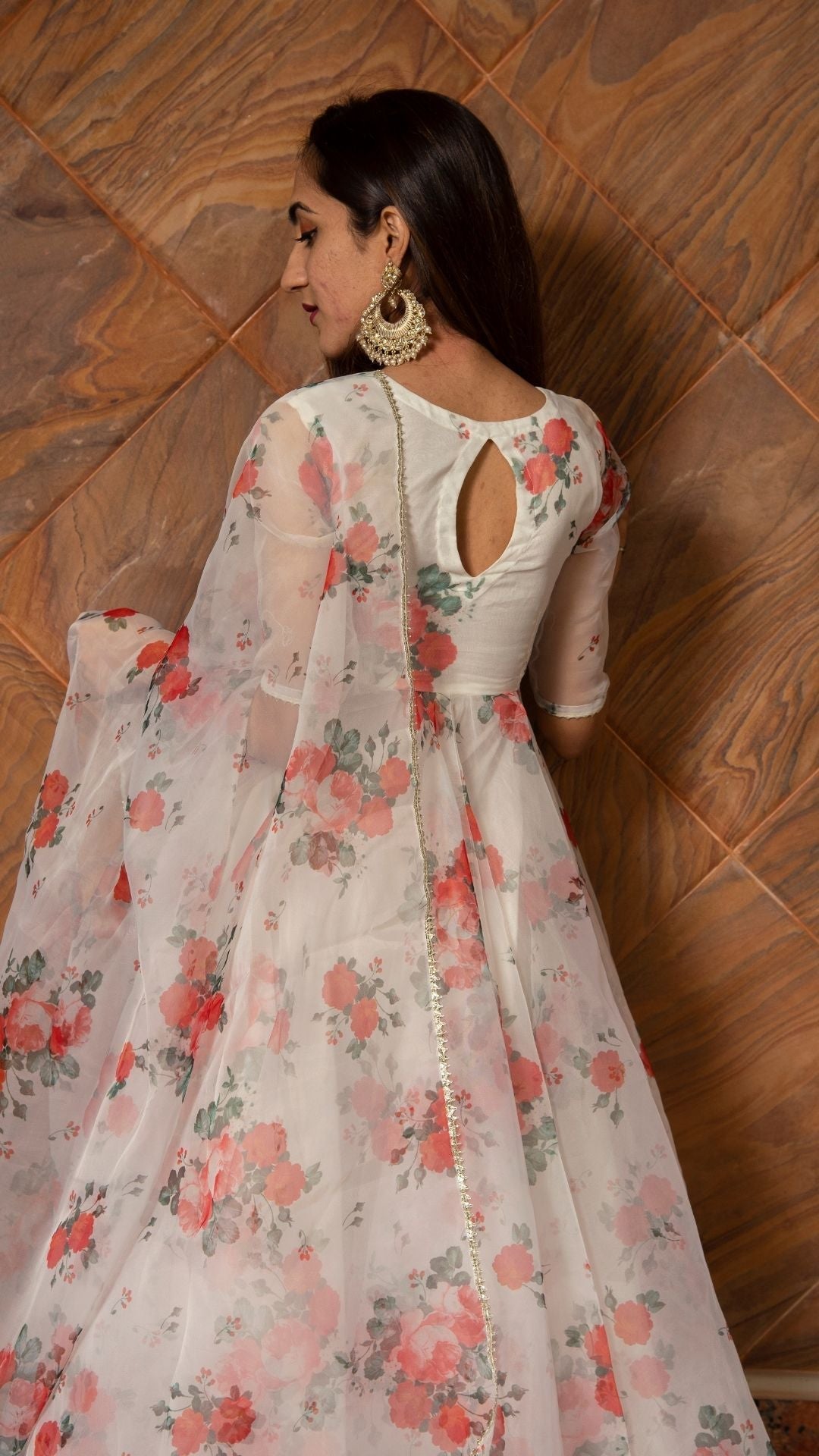 Pomcha Jaipur Red And White Floral Organza Anarkali Set 