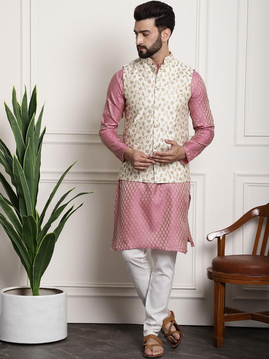 Sojanya Woven Design Mandarin Collar Kurta with Churidar & Nehru Jacket 