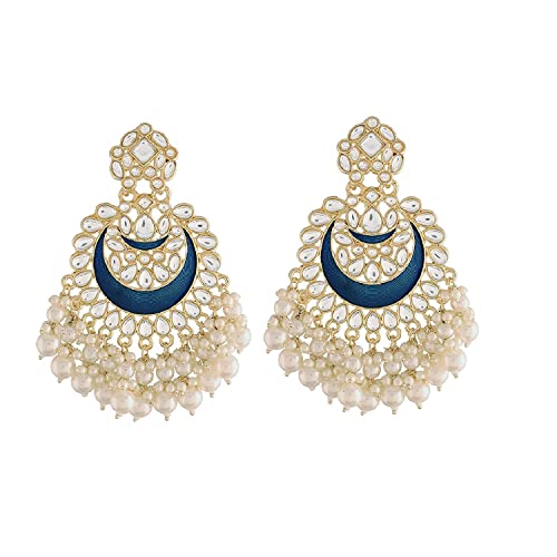 Gold-Polished Intricately Designed Traditional Meenakari Chandbali Earrings Glided With Kundans & Pearls - Wahe Jewels