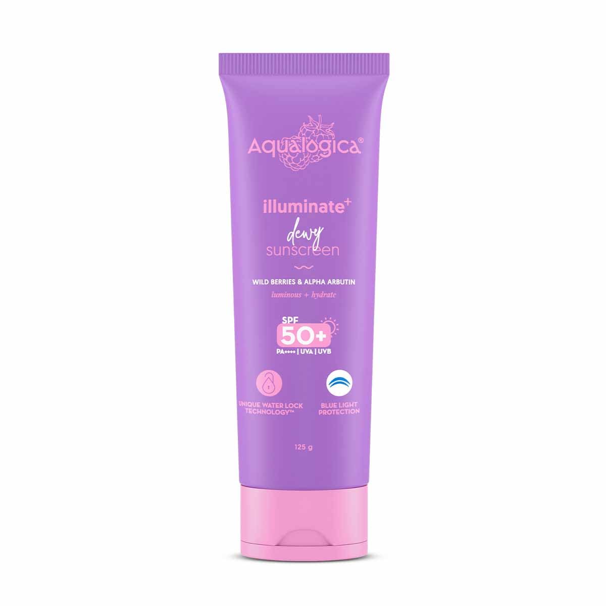 Aqualogica Illuminate+ Dewy Sunscreen SPF 50+ PA++++ with Wild Berries & Alpha Arbutin, Protection Against Uva/B & Blue Light Protection 