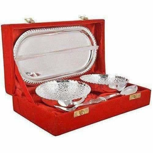 Handmade Silver Plated Brass Bowl with Tray - Set of 5 Pieces - Grab2buy