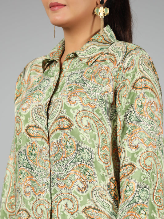 Juniper Women Green Kasturi Silk Printed Clothing Set