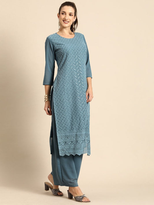 All About You Women Grey Ethnic Motifs Embroidered Regular Chikankari Kurta with Palazzos 