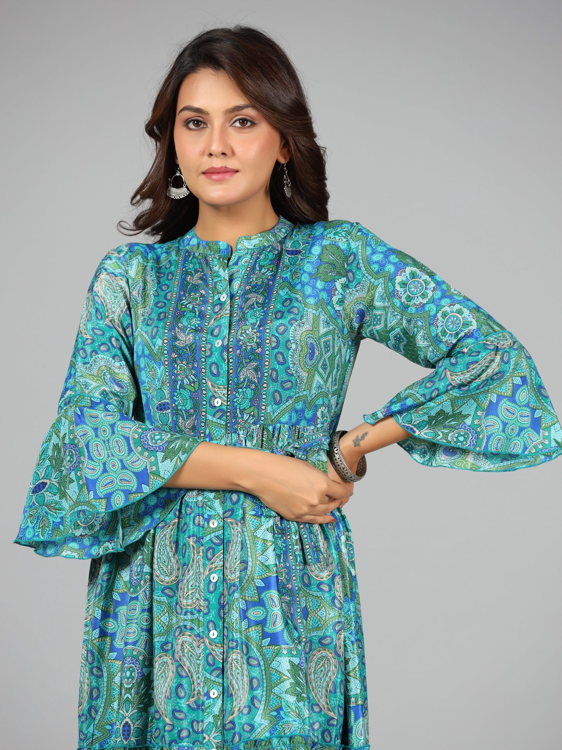 Juniper Women Blue Kasturi Silk Printed Tiered Maxi Dress