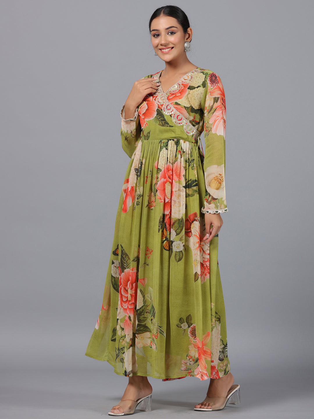 Juniper Women Green Georgette Printed Maxi Dress
